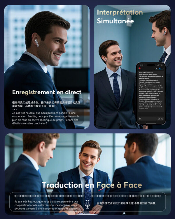 Écouteurs de Traduction Linguistique AI, Prenant en Charge 144 Langues et Accents, Écouteurs de Traduction sans Fil avec 4 Microphones ENC, Casque Bluetooth 36 Heures, Ecouteur étanches IP7 Noir - Image 4