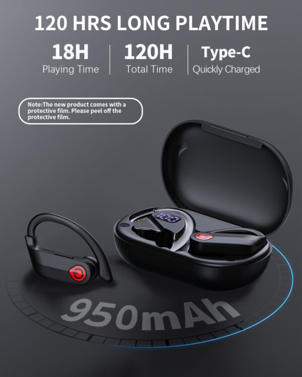 EUQQ Ear Buds Wireless Bluetooth Earbuds, Noise Cancelling Headphones 120H Playtime Bluetooth 5.4 IPX7 Waterproof Sports with Earhooks,LED Display Wireless Earphones for Running Gym Workout-Black - Image 2