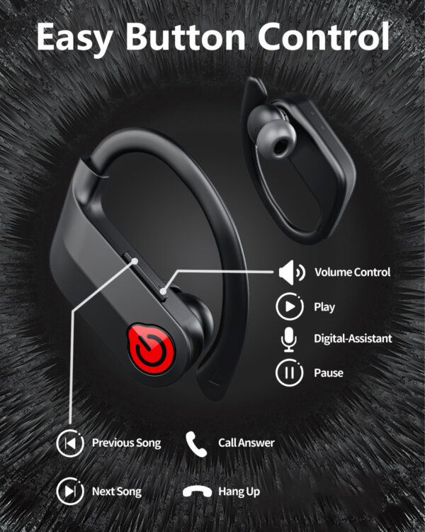 EUQQ Ear Buds Wireless Bluetooth Earbuds, Noise Cancelling Headphones 120H Playtime Bluetooth 5.4 IPX7 Waterproof Sports with Earhooks,LED Display Wireless Earphones for Running Gym Workout-Black - Image 5