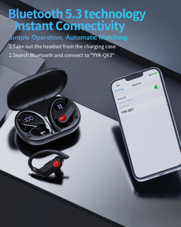 EUQQ Ear Buds Wireless Bluetooth Earbuds, Noise Cancelling Headphones 120H Playtime Bluetooth 5.4 IPX7 Waterproof Sports with Earhooks,LED Display Wireless Earphones for Running Gym Workout-Black - Image 3