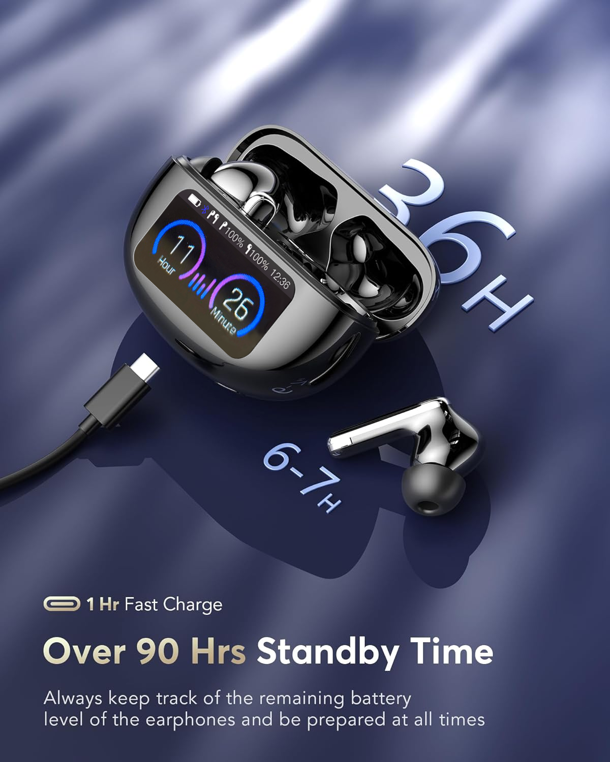 EUQQ AI Language Translation Earbuds, Bluetooth 5.4 Headphones Translator for 144 Languages & Accents, Wireless 36 Hours Wireless Headphones with 4 ANC Mic, IP7 Waterproof Earphones,Black - Image 5