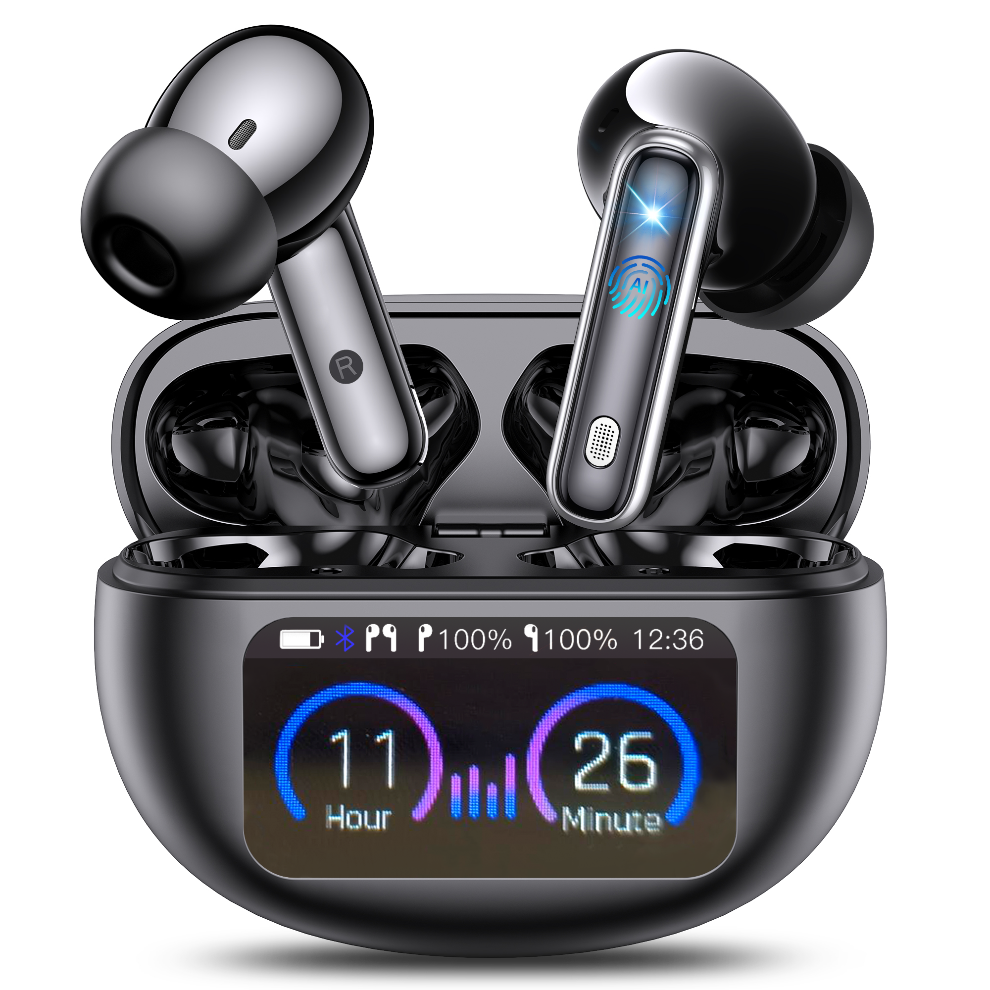 EUQQ AI Language Translation Earbuds, Bluetooth 5.4 Headphones Translator for 144 Languages & Accents, Wireless 36 Hours Wireless Headphones with 4 ANC Mic, IP7 Waterproof Earphones,Black