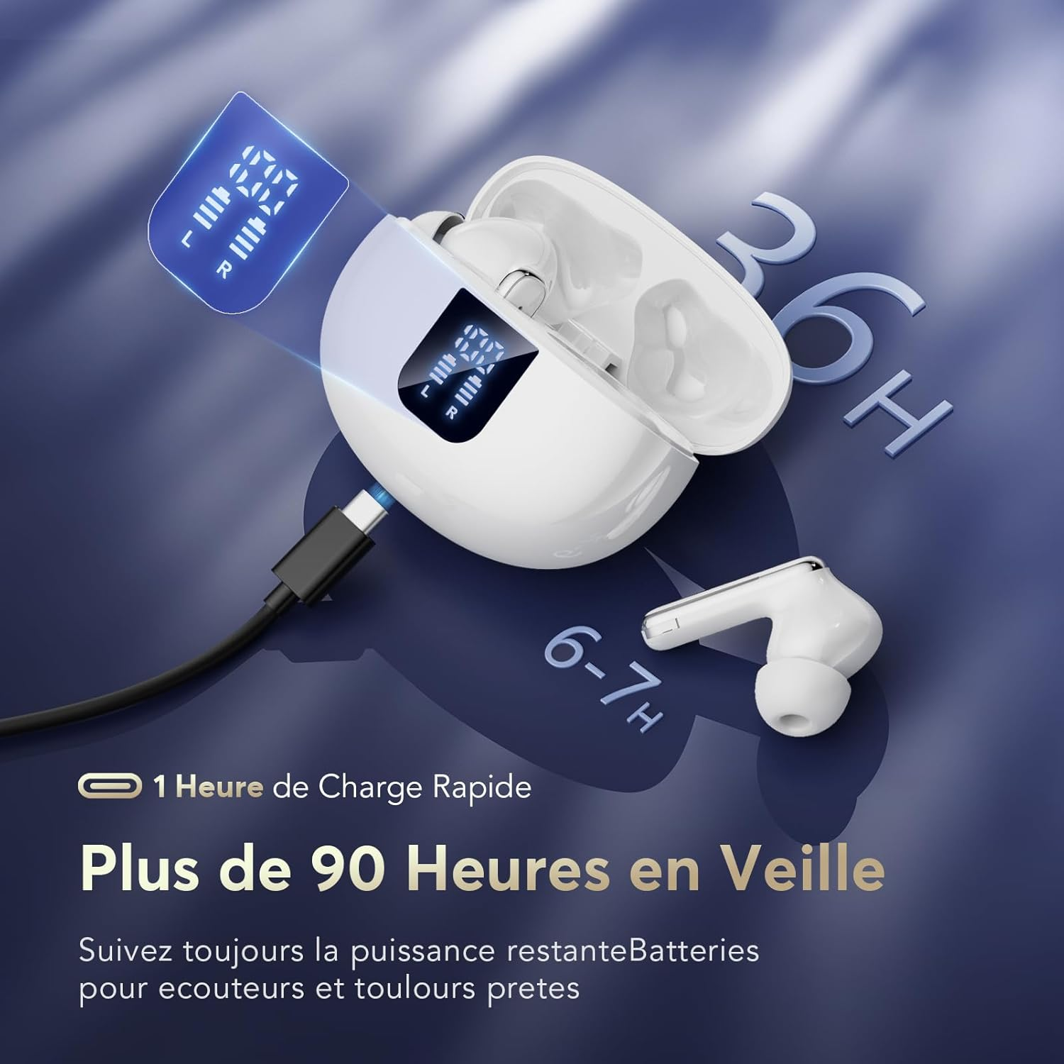 Ecouteurs Bluetooth sans Fil, Écouteurs Bluetooth 5.4 avec Hi-FI Son Stéréo, Écouteurs sans Fil avec du Bruit ANC/ENC/Mode Transparence, IP7 Étanches Oreillette Bluetooth 36H Typ-C Casque Bluetooth - Image 7