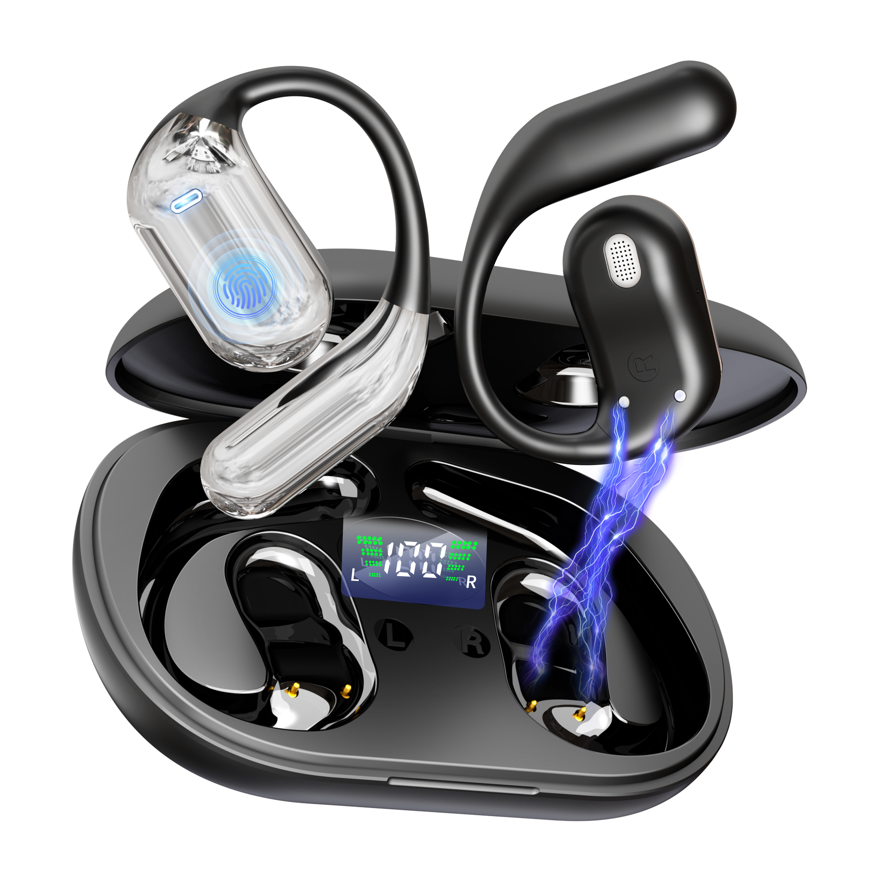 EUQQ 90 Std Kabellos Bluetooth 6.1 HiFi Kopfhörer mit Flexiblem Ohrhaken 4 ENC Mic 1 std Schnellladung （schwarz）