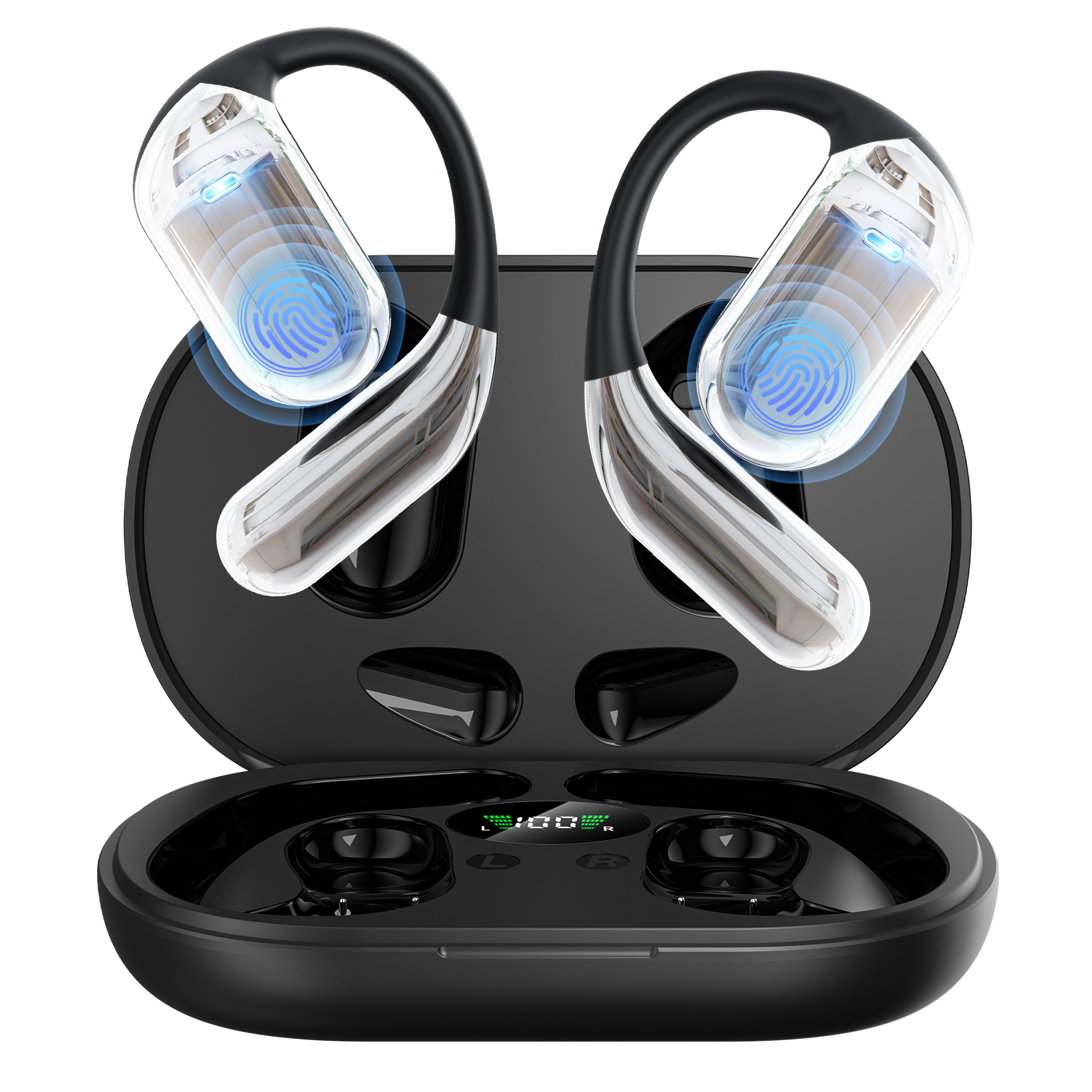 Open Ear Kopfhörer 50 Std Kabellos Bluetooth 6.1 HiFi Kopfhörer mit Flexiblem Ohrhaken 4 ENC Mic 1 std Schnellladung Type-C Kabel Doppel LED Ladebox Smart Touch Over On Ear Ohrhörer für Sport Running