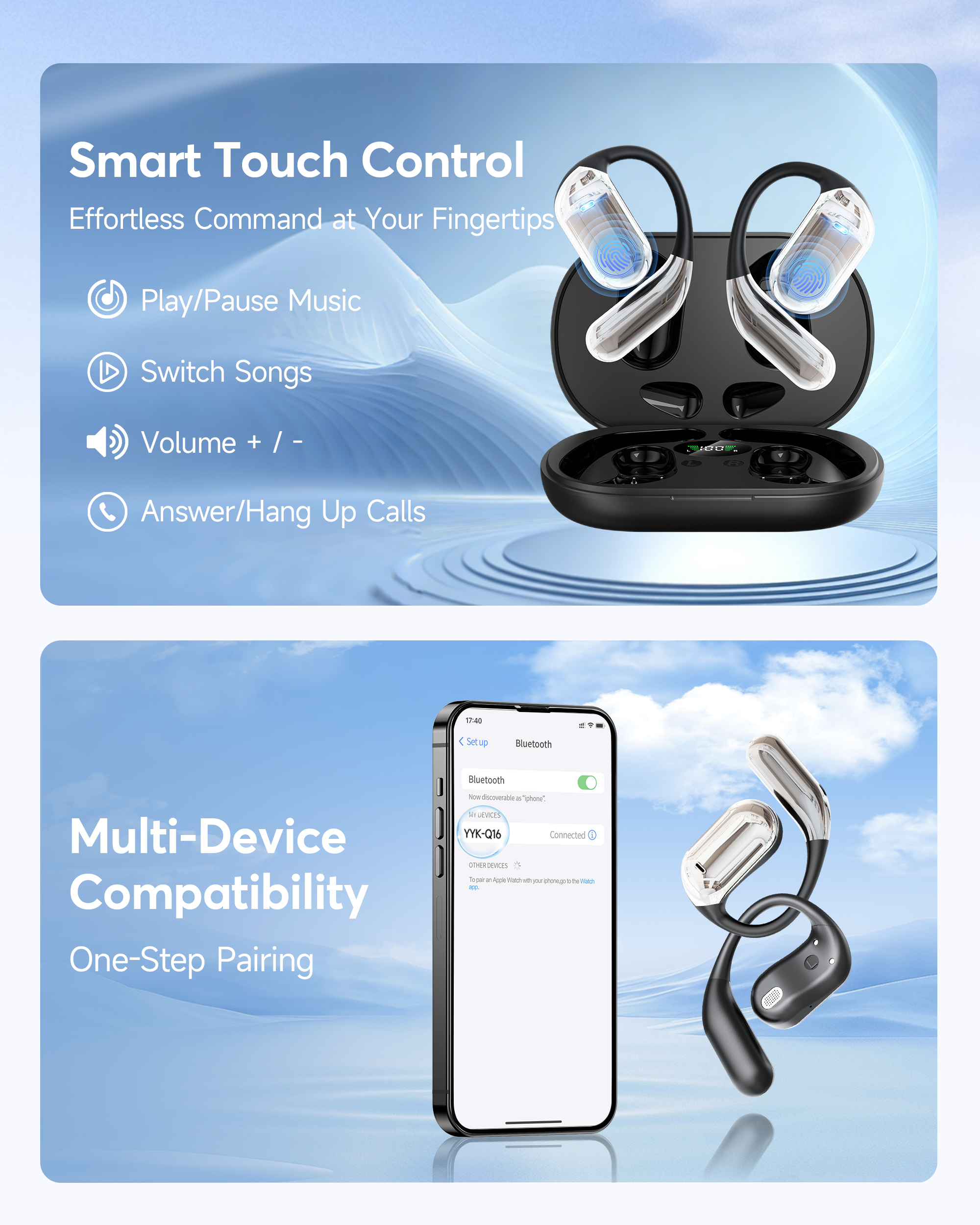 Open Ear Kopfhörer 50 Std Kabellos Bluetooth 6.1 HiFi Kopfhörer mit Flexiblem Ohrhaken 4 ENC Mic 1 std Schnellladung Type-C Kabel Doppel LED Ladebox Smart Touch Over On Ear Ohrhörer für Sport Running - Image 7